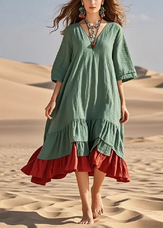 flowy evening dressLoose Green Oversized Patchwork Cotton Maxi Dress Summer