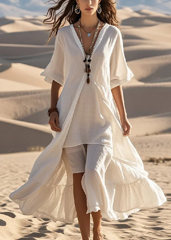 pleated maxi dressPlus Size White Asymmetrical Exra Large Hem Cotton Dress Summer