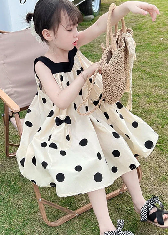 elegant shift dressBoutique Beige Print Wrinkled Cotton Kids Spaghetti Strap Mid Dress Summer