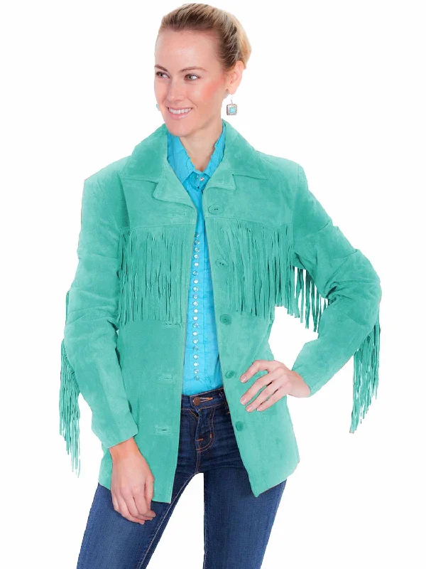 breathable jacketScully Womens Notched Lapel Fringe Turquoise Leather Leather Jacket