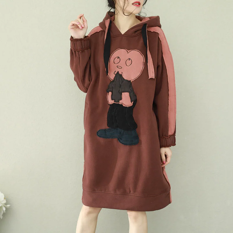 printed dressWomen brown Cotton Wardrobes Vintage Photography hooded thick short Dress