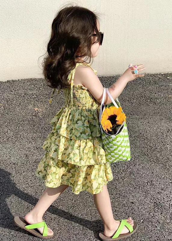 comfy maxi dressCute Yellow Print Wrinkled Patchwork Chiffon Baby Girls Sundress Summer