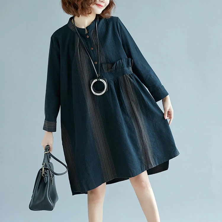 comfy dressNew blue striped cotton linen dress trendy plus size casual long sleeve baggy dresses Stand side open linen cotton dress