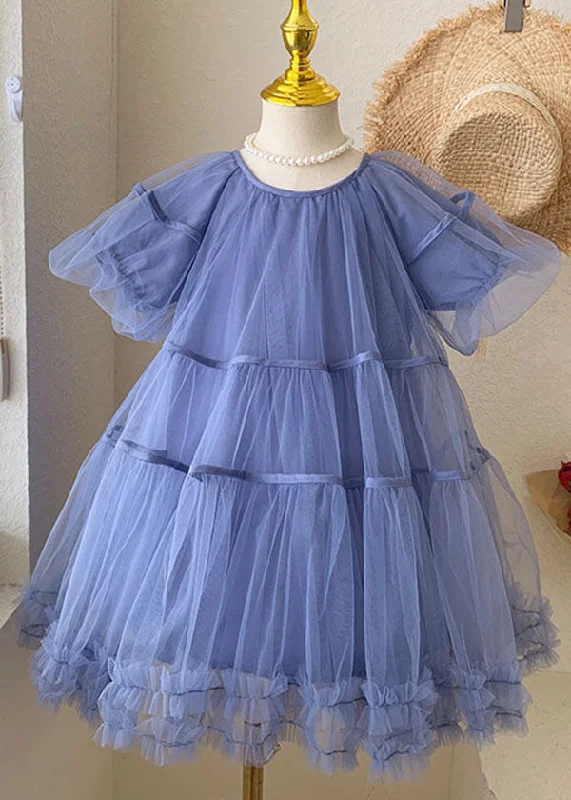 formal dressStylish Blue O-Neck Ruffled Patchwork Tulle Kids Girls Dresses Summer