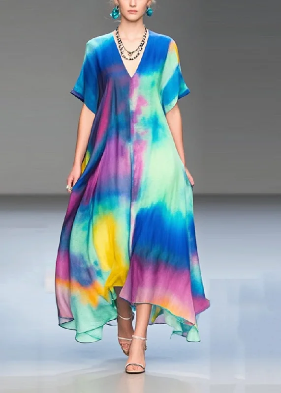 elegant maxi dressWomen Rainbow V Neck Tie Dye Chiffon Holiday Dress Summer