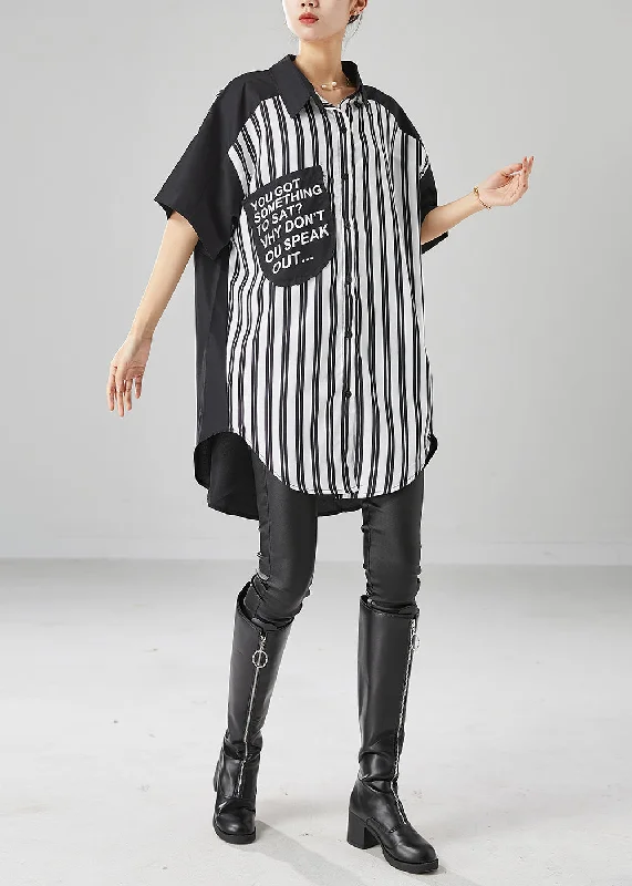 chic shift dressSimple Black Oversized Patchwork Striped Cotton Shirt Dress Summer