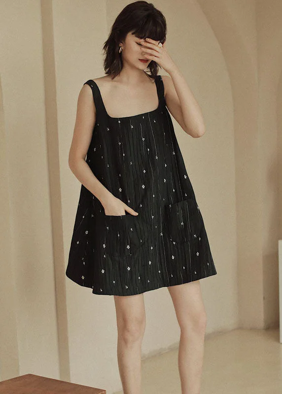 floral midi dressCasual Black Print Pockets Cotton Strap Dress Sleeveless