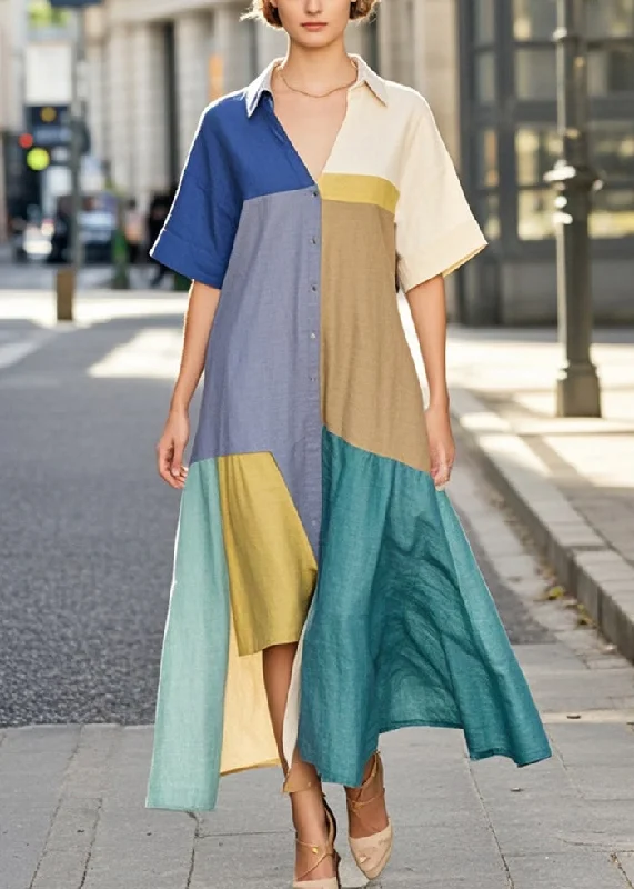 bohemian dressOrganic Colorblock Asymmetrical Patchwork Cotton Maxi Dresses Summer