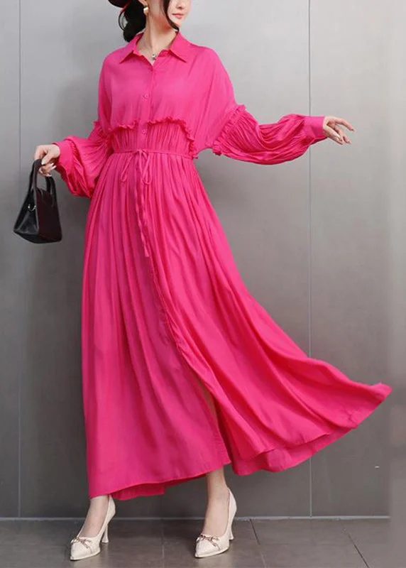 long sleeve dressNatural Red Peter Pan Collar Ruffled Patchwork Maxi Dresses Long Sleeve