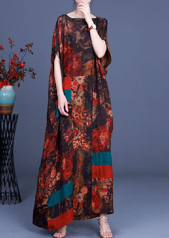 boho dressCasual Orange Print Patchwork asymmetrical design Fall Maxi Dresses