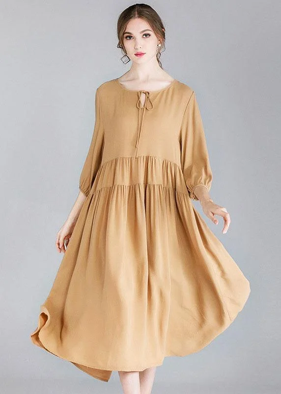 casual shift dressOrganic Khaki Drawstring low High Design Spring Holiday Dress Three Quarter Sleeve