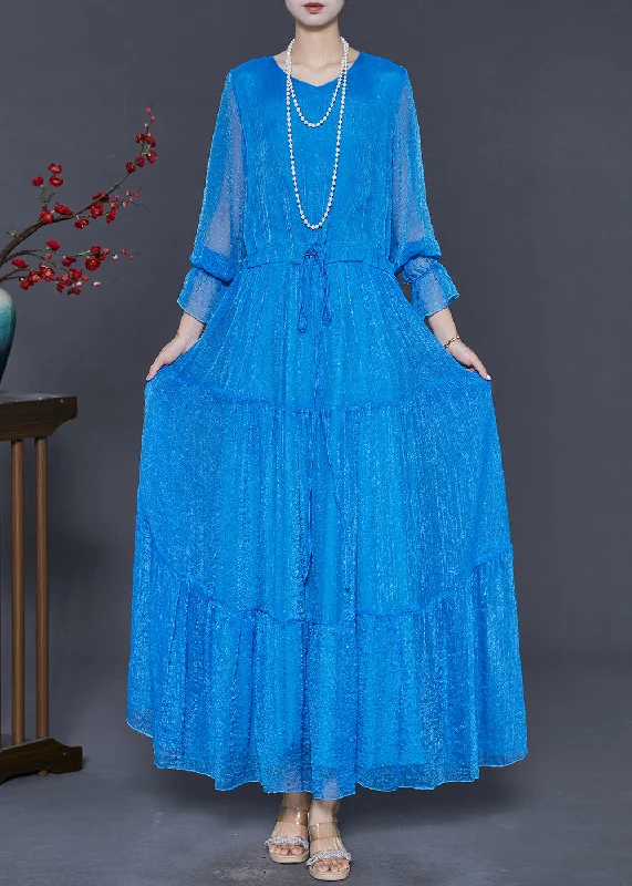 chic wrap dressBlue Chiffon Cinched Dresses Exra Large Hem Spring