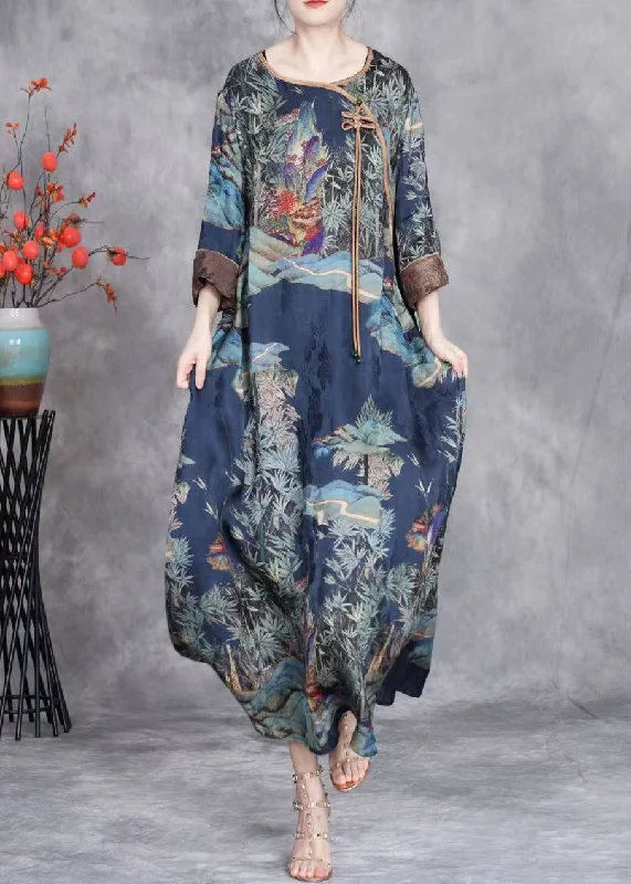 elegant maxi dressBlue Print Patchwork Silk Long Dresses O Neck Summer