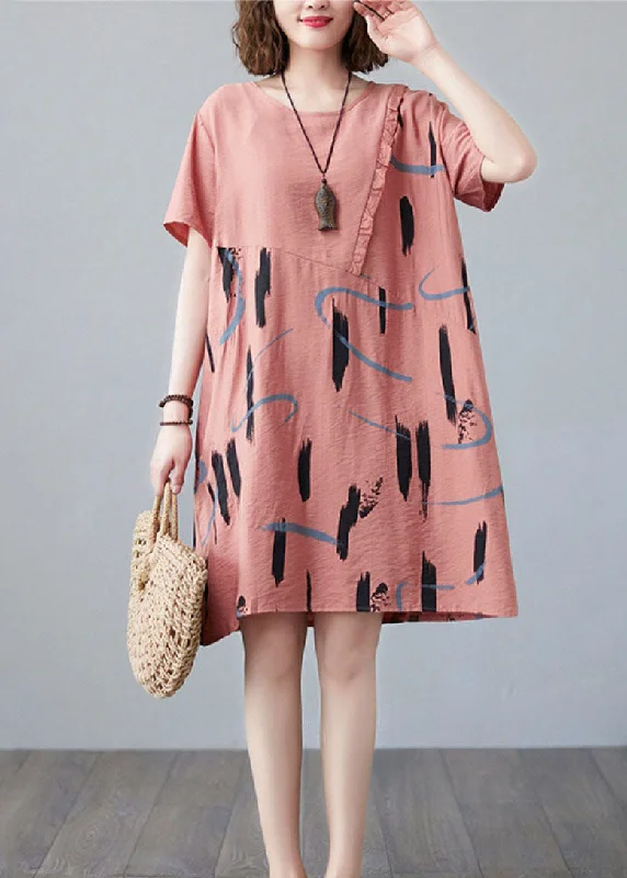 one-shoulder dressWomen Orange O Neck Print Patchwork Cotton Mid Dress Summer