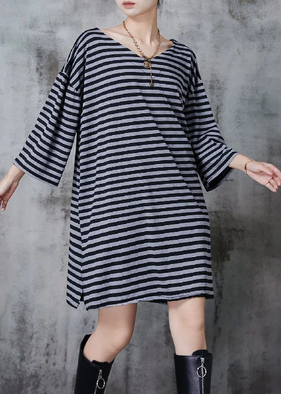 long sleeve dressHandmade Grey Oversized Striped Cotton Vacation Dress Summer