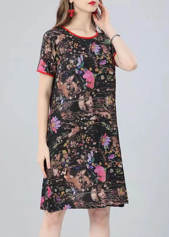 draped dressNatural Floral O Neck Print Patchwork Cotton Mid Dress Summer