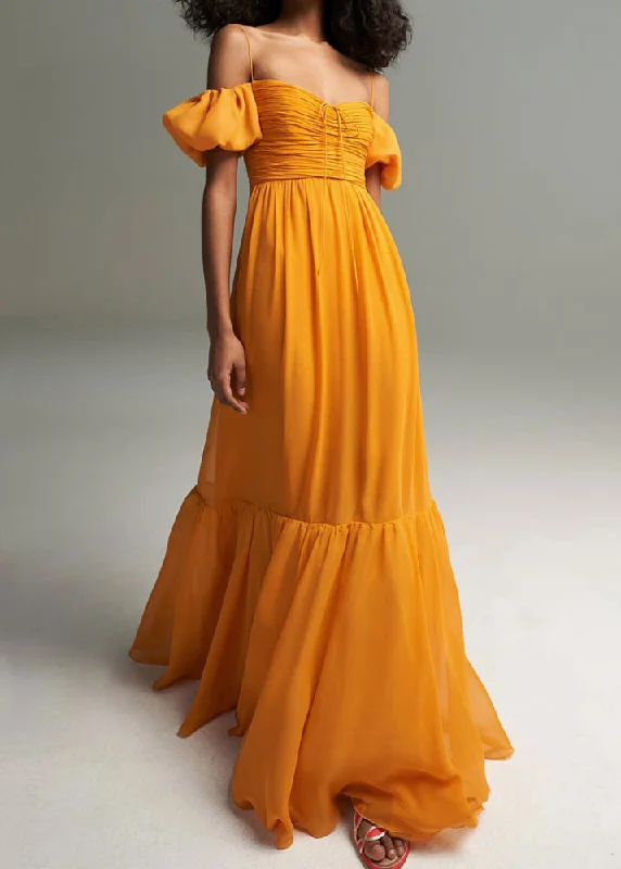 summer dressFrench Yellow Cinched Cold Shoulder Chiffon Long Dresses Summer