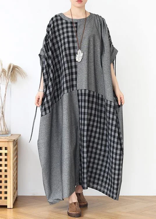 cocktail party dressFrench dark gray plaid clothes For Women o neck patchwork long fall Dress