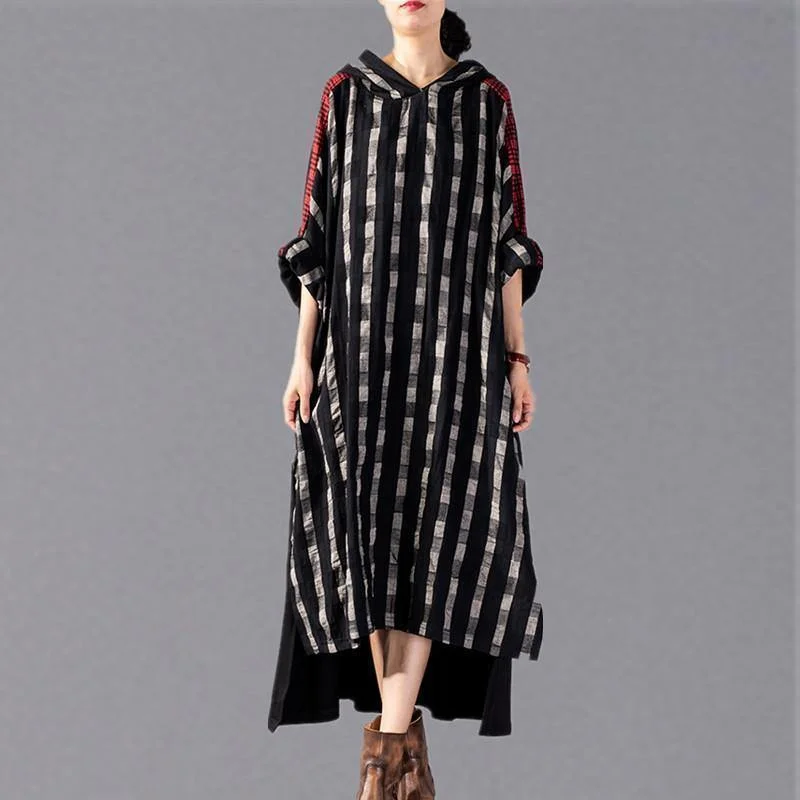 lace dress2024 black Plaid long plus size Hooded cotton linen clothing dress New patchwork autumn dress