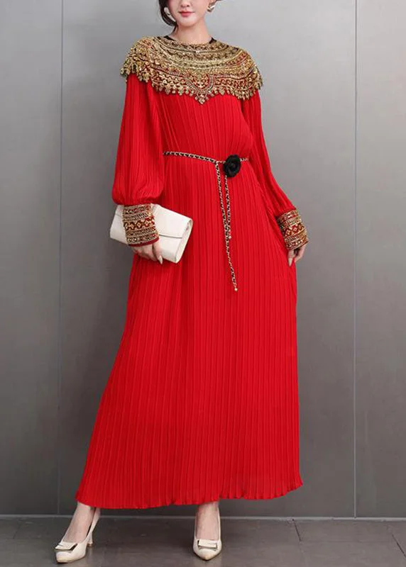 A-line dressClassy Red O-Neck Sequins Sashes Holiday Maxi Dress Lantern Sleeve