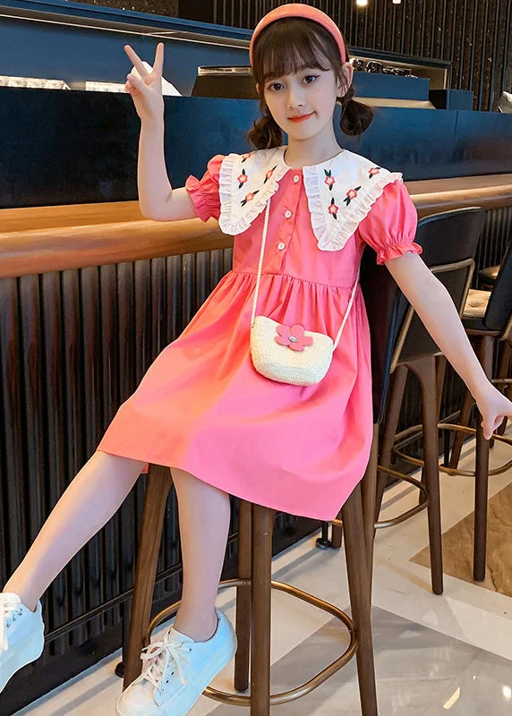 long sleeve dressCute Pink Print Patchwork Wrinkled Cotton Girls Holiday Mid Dress Short Sleeve