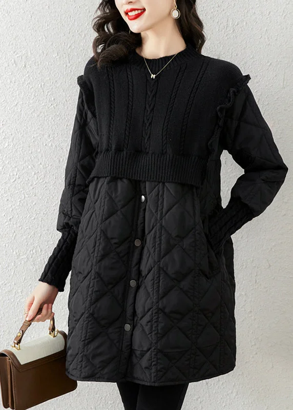 tiered dressFrench Black Stand Collar Knit Patchwork Fine Cotton Filled Maxi Dress Winter