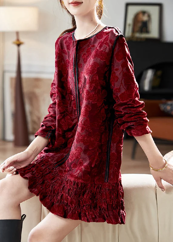 structured dressChic Red O Neck Ruffled Patchwork Velvet Mid Dress Spring