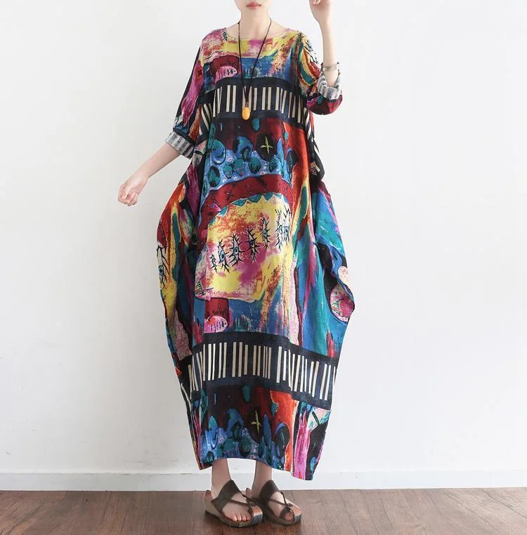 backless dressThe secret world print linen dresses oversize caftans 2024 fall cotton gown