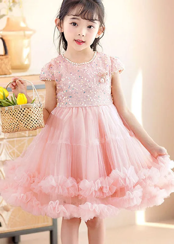 casual summer dressHandmade Pink Ruffled Sequins Nail Bead Patchwork Tulle Kids Girls Dress Summer