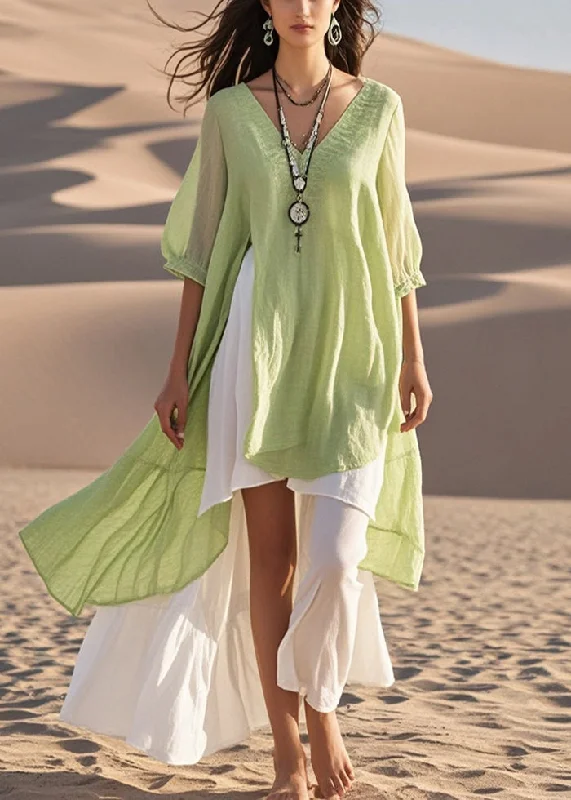 bohemian dressFashion Light Green Asymmetrical Cotton Vacation Dresses Summer