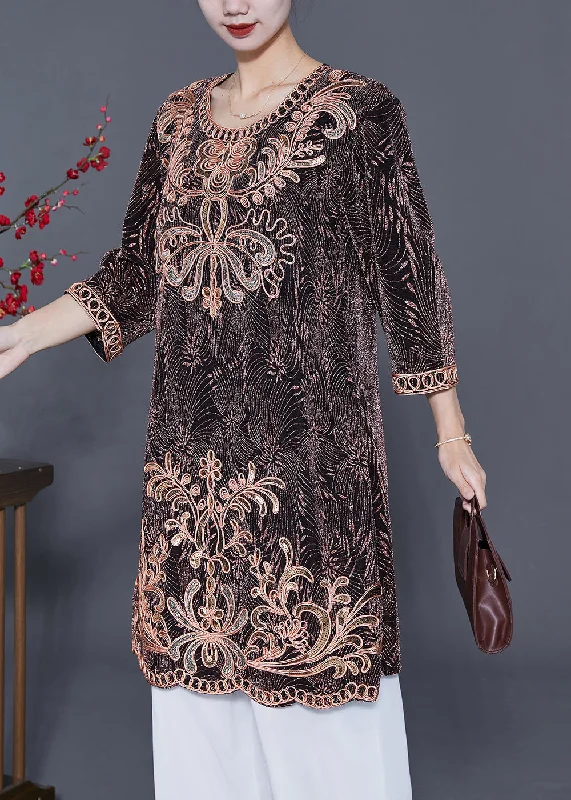 casual day dressGolden Loose Silk Mid Dress Embroideried Sequins Bracelet Sleeve