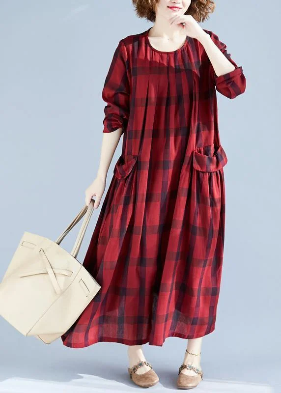 statement dressVivid Red Plaid Tunics For Women O Neck Pockets Art Spring Dress