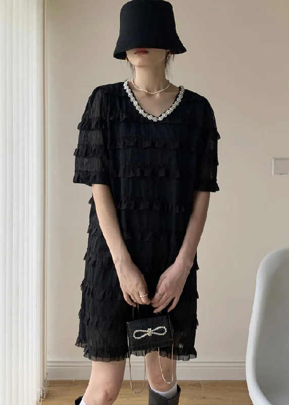 flowy evening dressBlack Patchwork Tulle Mid Dress V Neck Nail Bead Ruffled Summer