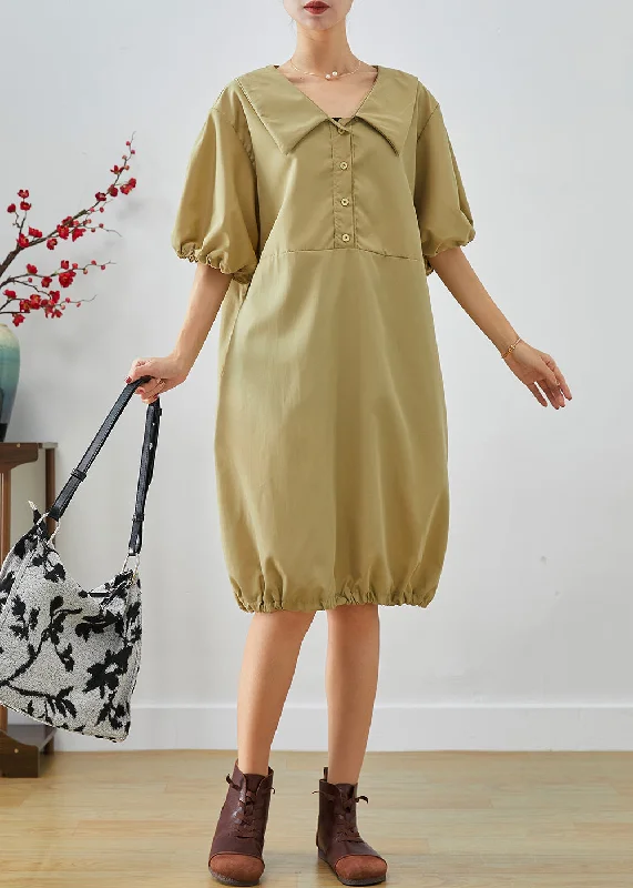 layered dressBoho Khaki V Neck Oversized Cotton Mid Dress Lantern Sleeve