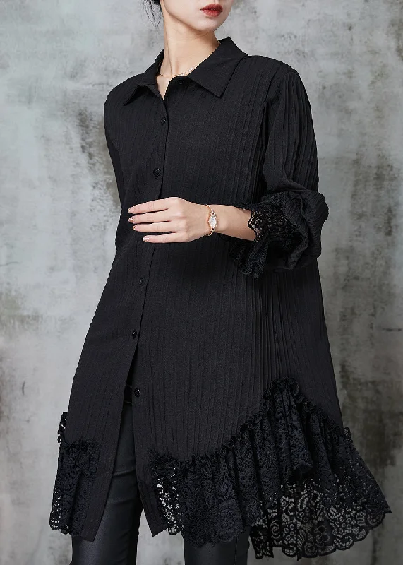 trendy mini dressSimple Black Oversized Patchwork Lace Chiffon Dresses Spring