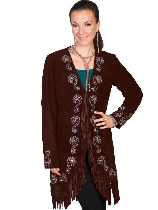 fitted coatScully Leather Womens Fringe Silver Embroidered Boar Suede Jacket Expresso XL