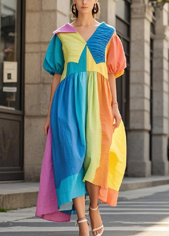 pleated dressWomen Colorblock Asymmetrical Patchwork Wrinkled Cotton Vacation Dresses Summer