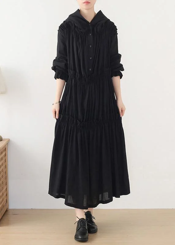 office dressBeautiful Black Cinched hooded Spring Cotton Dress