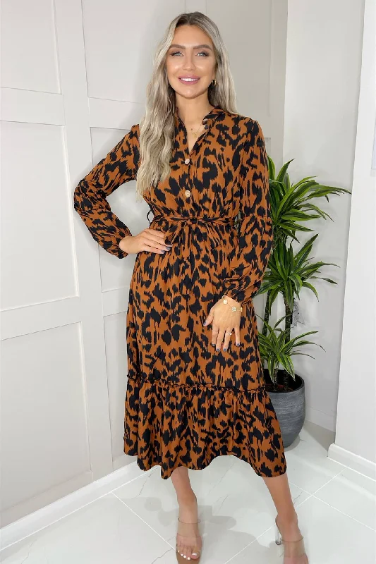 summer floral dressLeopard Long Sleeve Midi Shirt Dress In Brown