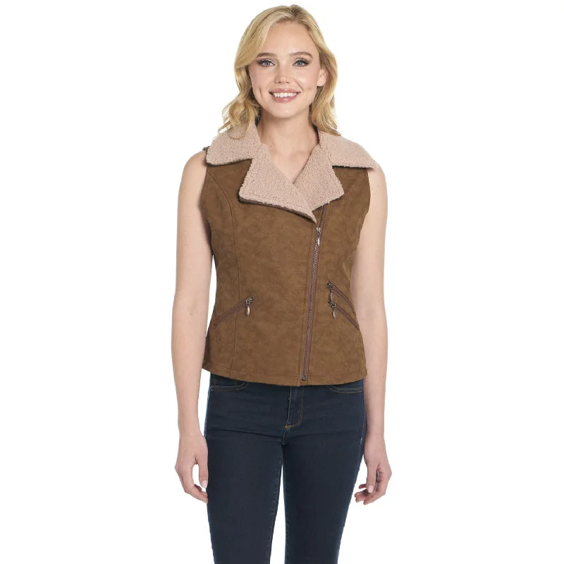 chic outerwearCripple Creek Womens Distressed Aviator Zip Havana Brown PVC Faux Leather Vest