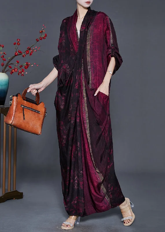 winter dressFrench Black Red Asymmetrical Print Silk Long Dresses Spring