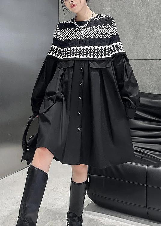 v-neck dressWomen Black O Neck Knit Patchwork Cotton Dresses Spring