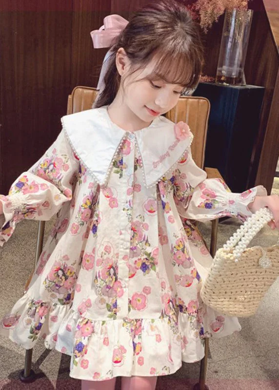 romantic dressHandmade Apricot Print Nail Bead Girls Mid Dress Long Sleeve