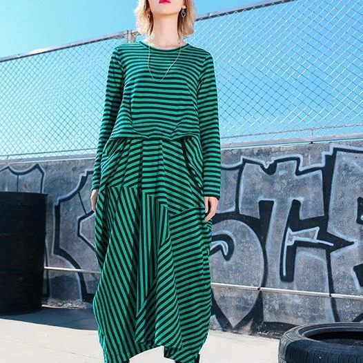 casual shift dressSimple green striped cotton Tunics Korea Photography asymmetric Maxi Dresses