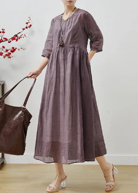 boho dressPurple Floral Linen Long Dress Embroidered Bracelet Sleeve