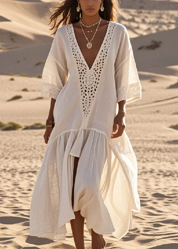 long sleeve dressElegant White Oversized Lace Patchwork Cotton Long Dresses Summer