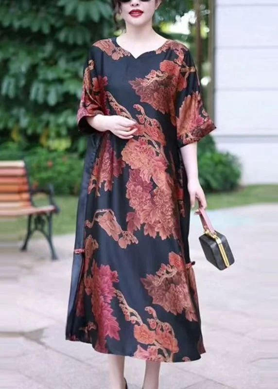 silk dressVintage Red V Neck Print Silk Long Dress Summer