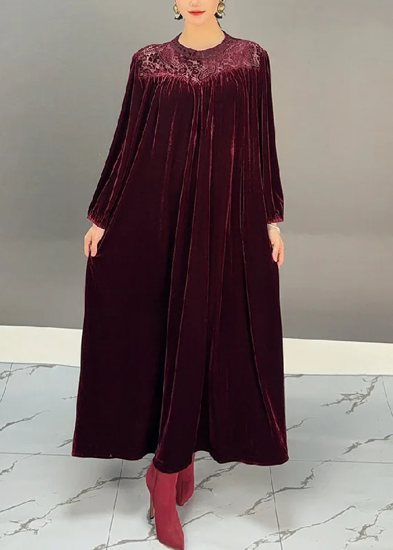 sophisticated dressPlus Size Purple O-Neck Wrinkled Silk Velour Maxi Dresses Winter