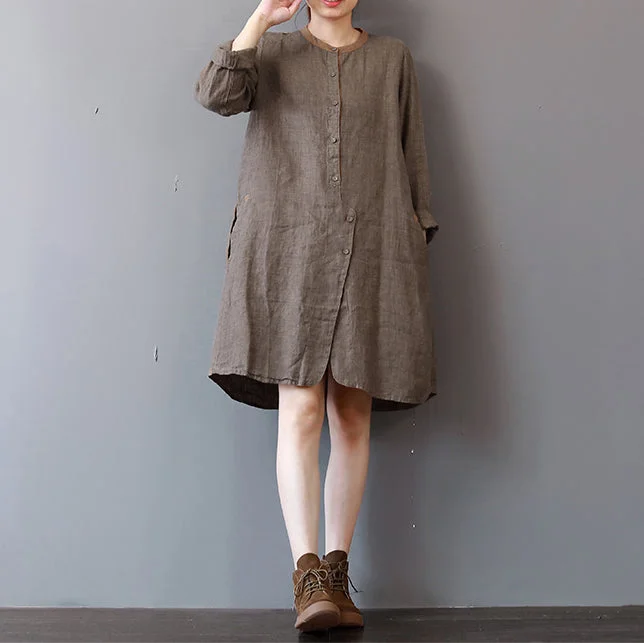 chic dressstylish chocolate linen shirt dress plus size traveling clothing long sleeve casual o neck dresses