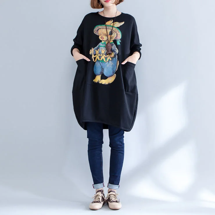 playful dress2024 black warm animal print cotton casual dress plus size long sleeve pullover dress